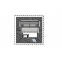 As dimensões da cabine da sauna E2020 são 1711 x 1750 x 2406mm, com uma base de 1308 x 1308mm