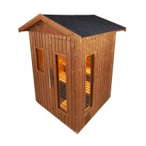 As dimensões da cabine da sauna E3030 são 2385 x 2406 x 2406mm, com uma base de 1987 x 1987mm