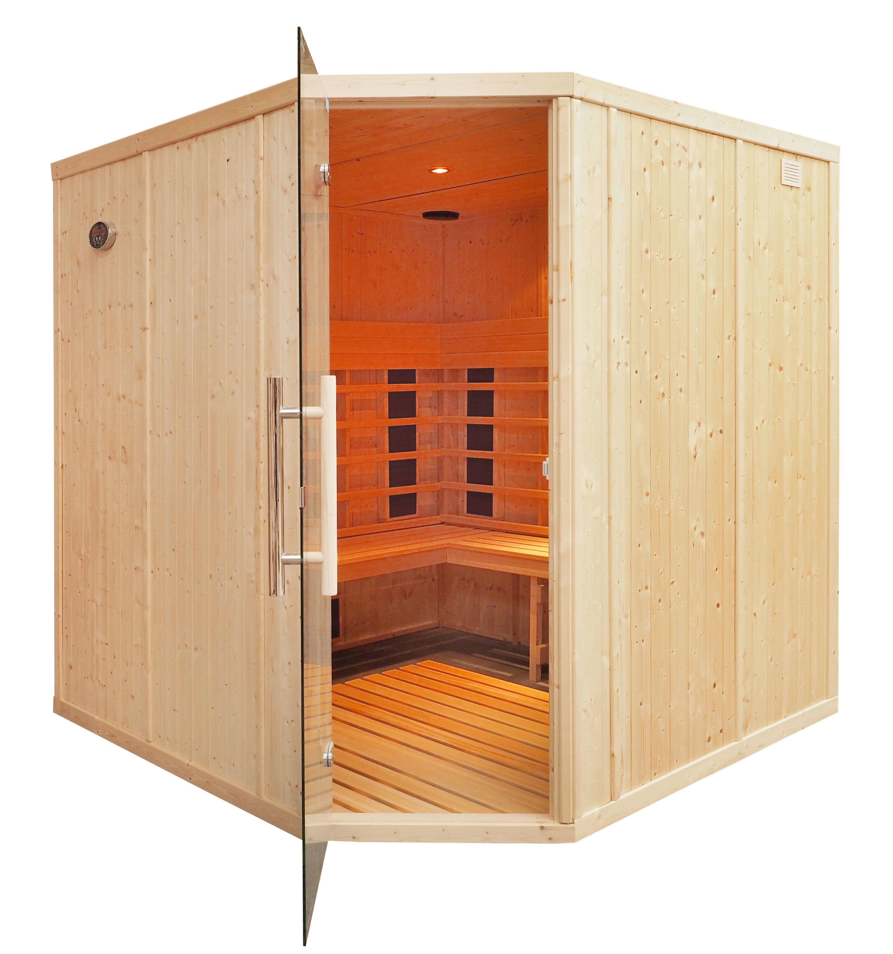 Sauna ad infrarossi professionale da 4 posti - IR3030 con panca ad L e porta ad angolo