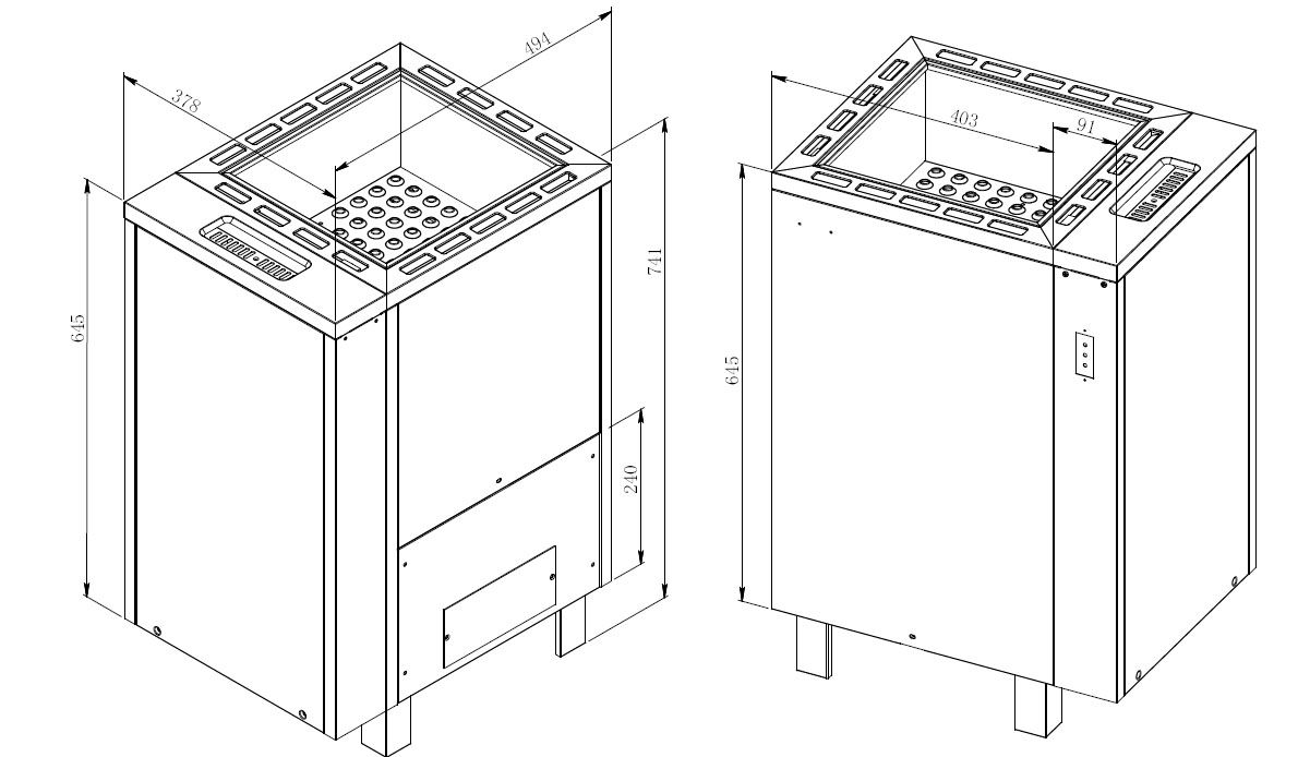 Dimensiones del calentador de sauna Apollo con su generador de vapor