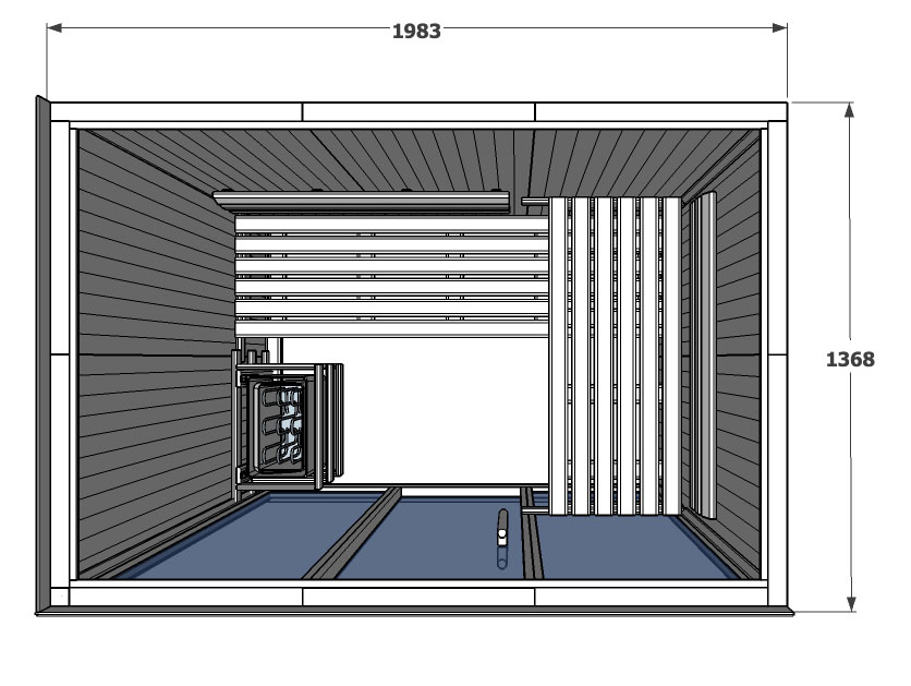 Disegno in pianta della cabina sauna V2030 con un lato interamente in legno di hemlock