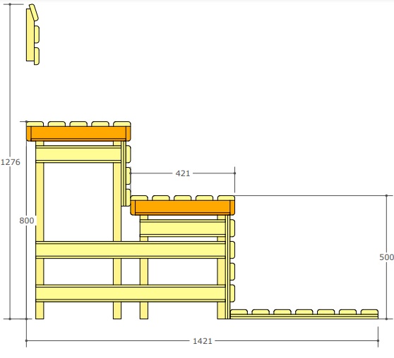 Disegno tecnico (sezione laterale) del kit modulare per sauna finlandese Oceanic Saunas su 2 livelli, con misure