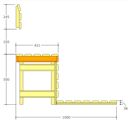 Disegno tecnico (sezione laterale) del kit modulare per sauna finlandese Oceanic Saunas, con misure