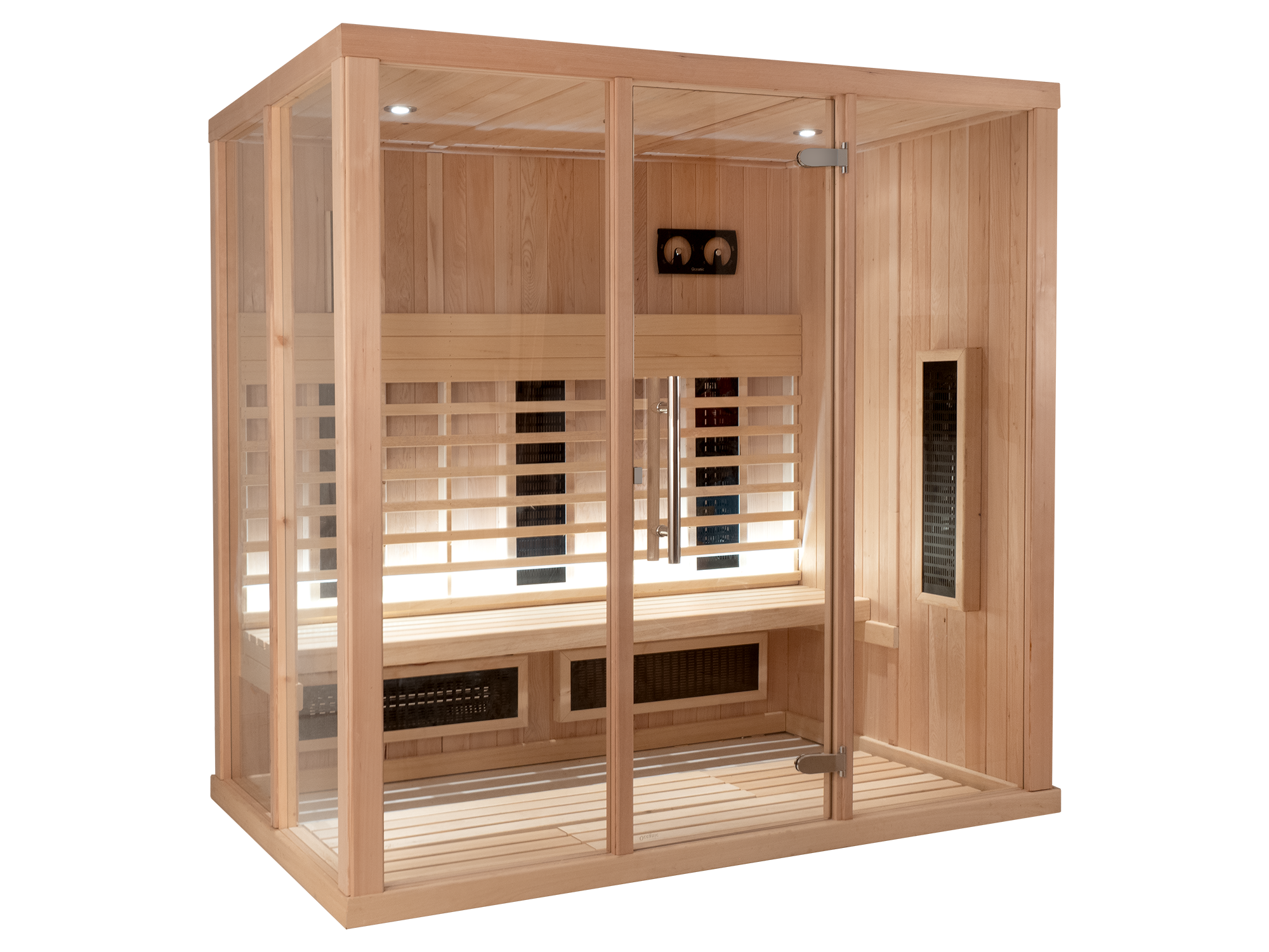infrared sauna model 2030 - Layout C - Hemlock Cladding - Clear Glass infrared sauna model 2030 - Layout C - Hemlock Cladding - Clear Glass