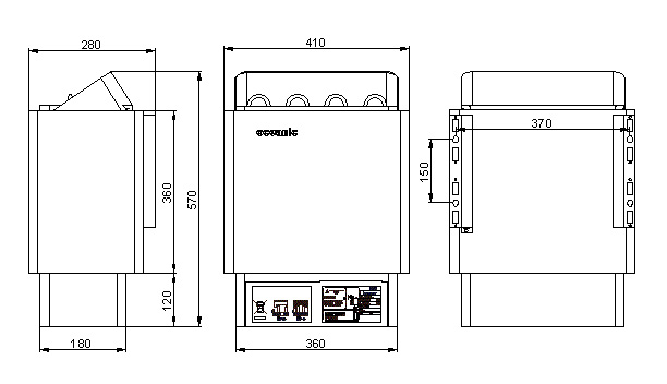 Dimensões e desenho técnico do aquecedor de sauna finlandesa Oceanic com controlos externos
